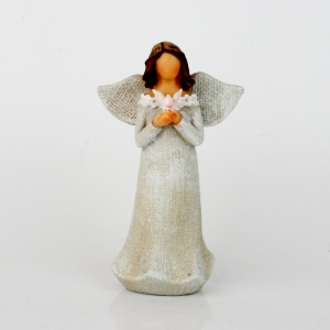 Anjel v šatách s čipkou a holubicou 14cm