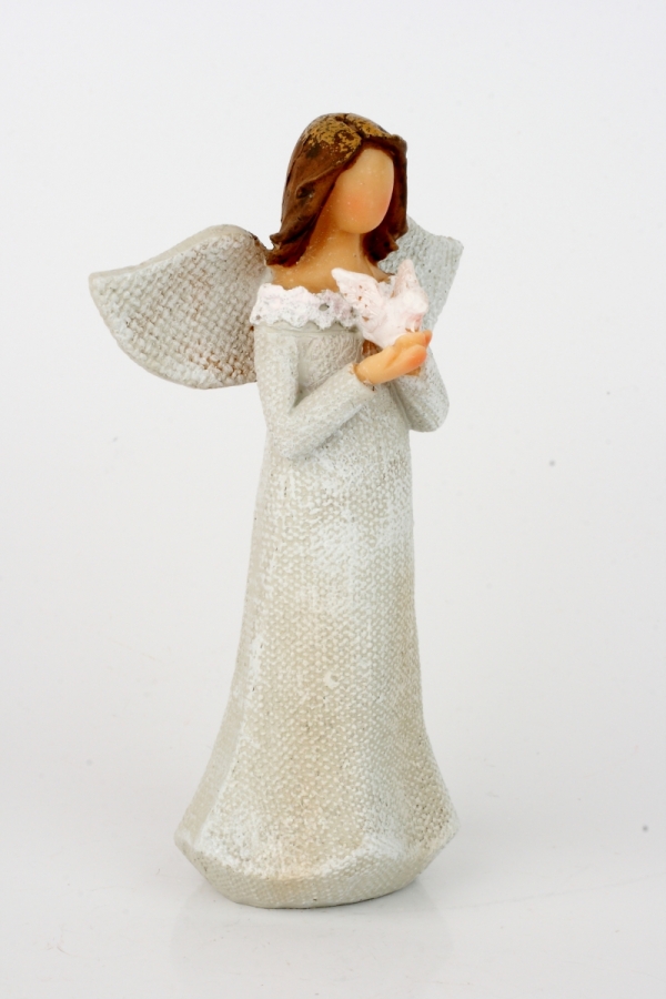 Anjel v šatách s čipkou a holubicou 14cm