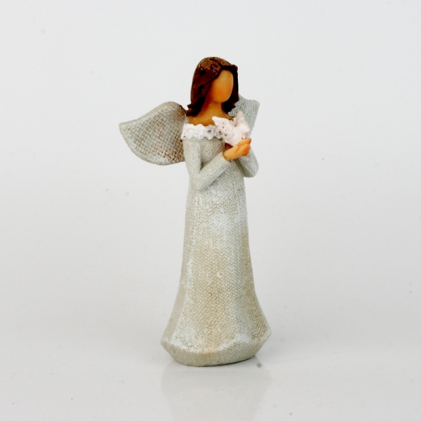 Anjel v šatách s čipkou a holubicou 14cm