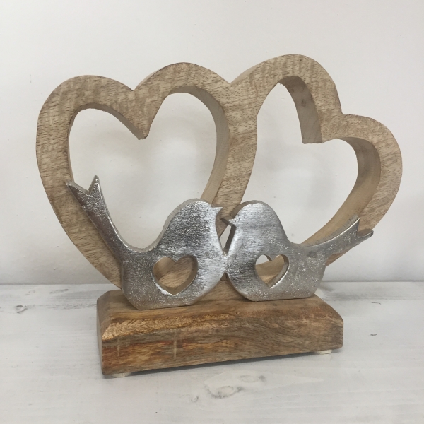 Bytová dekorácia dve srdcia s vtáčikmi 22cm