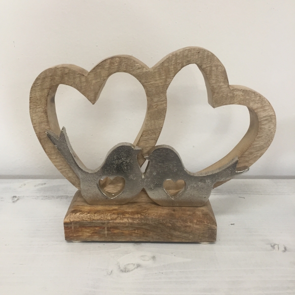 Bytová dekorácia dve srdcia s vtáčikmi 22cm