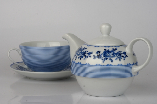 Čajový set kanvička a hrnček modré kvety / pruh