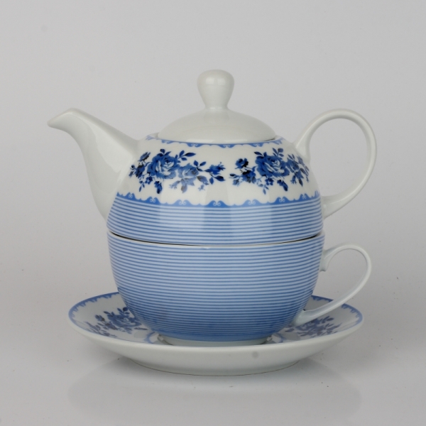Čajový set kanvička a hrnček modré kvety / pruh