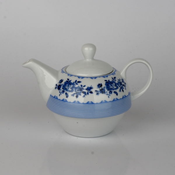 Čajový set kanvička a hrnček modré kvety / pruh