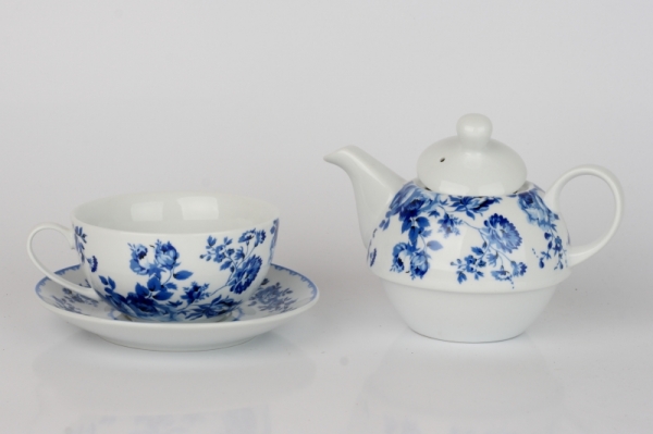 Čajový set kanvička a hrnček modré kvety