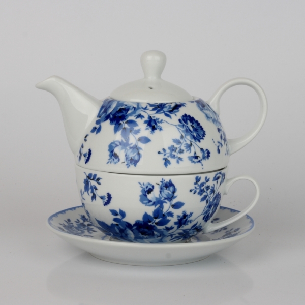 Čajový set kanvička a hrnček modré kvety