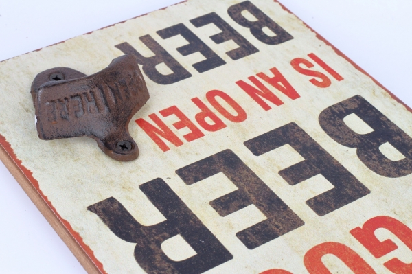 Ceduľa s otváračom fľašou A GOOD BEER IS AN OPEN BEER 18x23cm