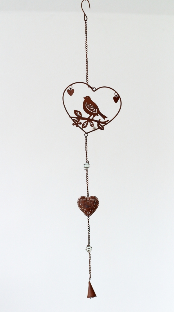 Dekorácie do záhrady záves s vtáčikom 82cm srdca