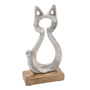 Dekorácia kovová mačka na drevenom podstavci 15 x 10 x 5 cm