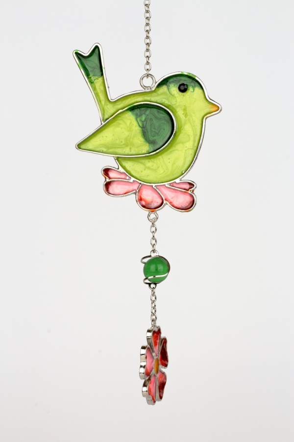 Dekorácia na chalupu záves vtáčik s kvetinou Tiffany zelená 21cm