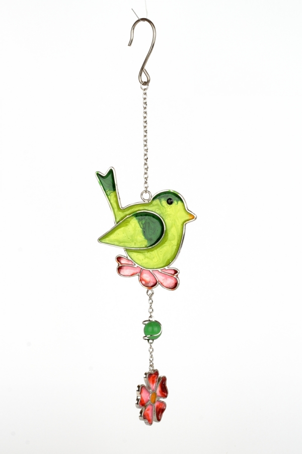 Dekorácia na chalupu záves vtáčik s kvetinou Tiffany zelená 21cm