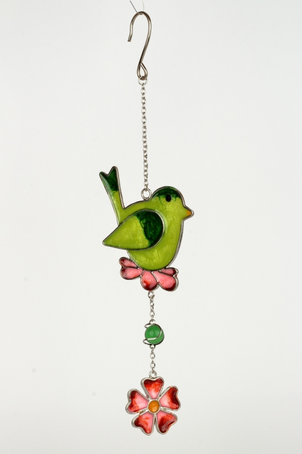 Dekorácia na chalupu záves vtáčik s kvetinou Tiffany zelená 21cm