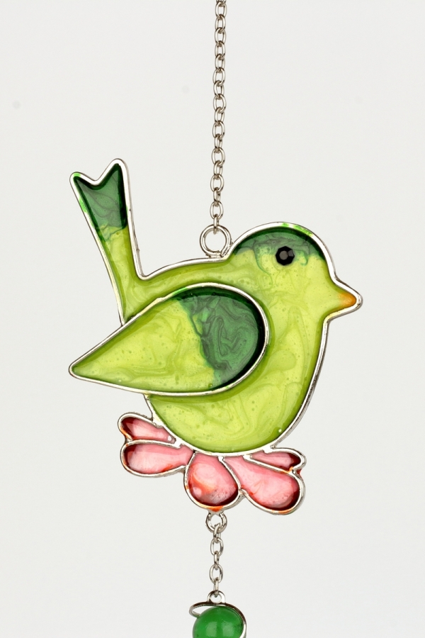 Dekorácia na chalupu záves vtáčik s kvetinou Tiffany zelená 21cm