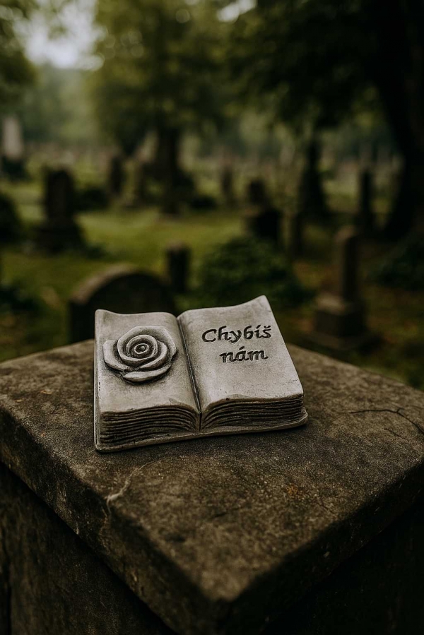 Dekorácia na hrob – otvorená kniha s ružou a nápisom Chybíš nám
