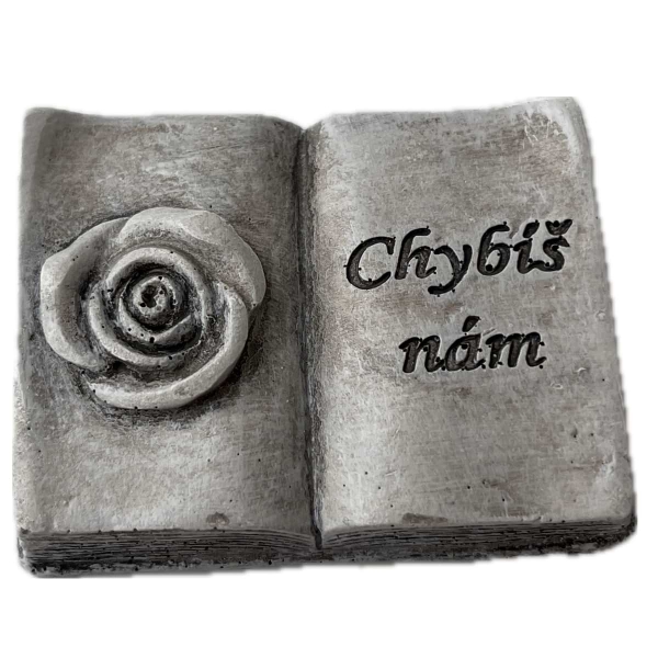 Dekorácia na hrob – otvorená kniha s ružou a nápisom Chybíš nám