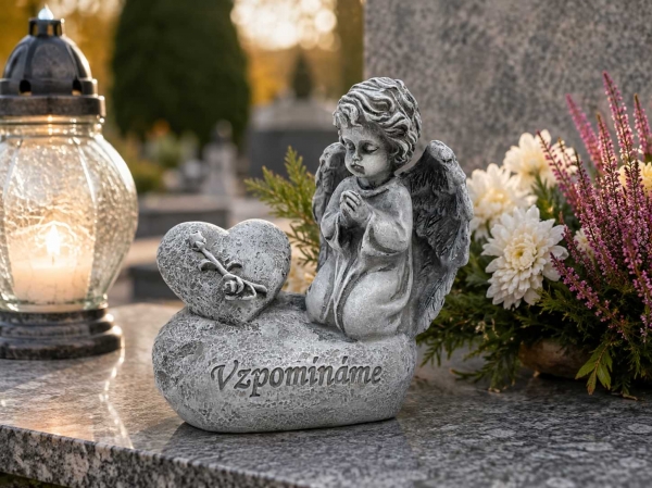 Dekorácia na hrob – pietny anjel so srdcom „Vzpomínáme“ 12,5 cm