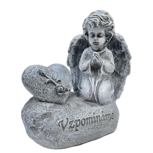 Dekorácia na hrob – pietny anjel so srdcom „Vzpomínáme“ 12,5 cm