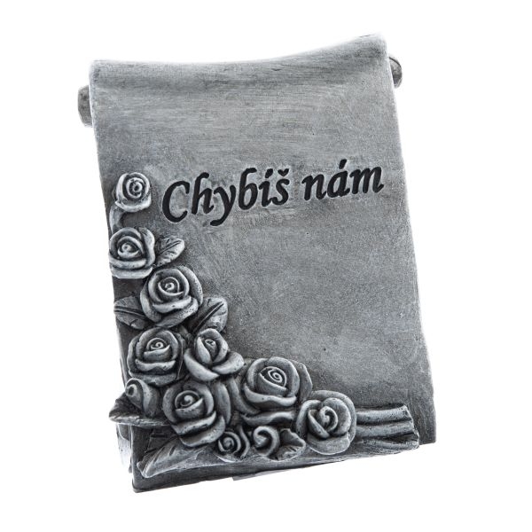 Dekorácia na hrob – zvitok „Chýbaš nám“ s ružami 9 cm
