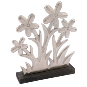 Dekorácia na podstavci s kvetinami v tráve 14 x 5 x 16 cm strieborná