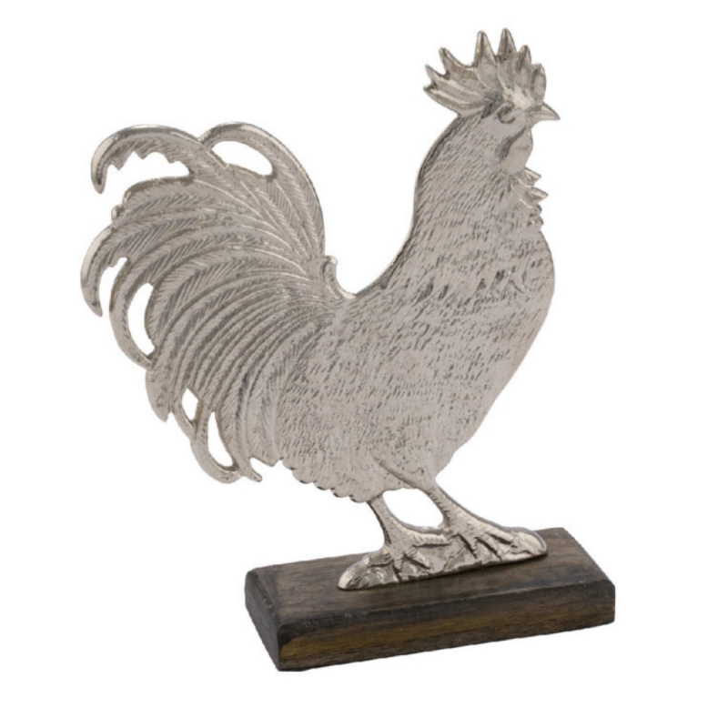 Dekorácia na podstavci strieborný kohút 15,3 x 5 x 16,5 cm väčší