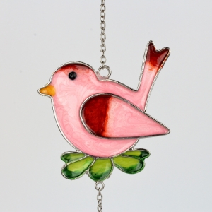 Dekorácia na záhradu záves vtáčik s kvetinou Tiffany ružová 21cm