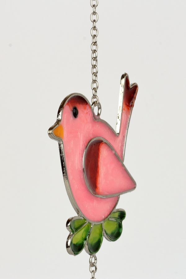 Dekorácia na záhradu záves vtáčik s kvetinou Tiffany ružová 21cm