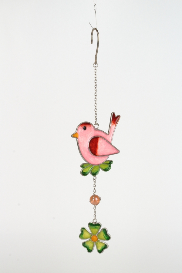 Dekorácia na záhradu záves vtáčik s kvetinou Tiffany ružová 21cm