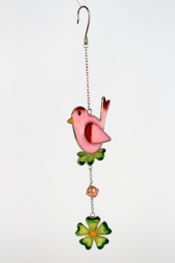 Dekorácia na záhradu záves vtáčik s kvetinou Tiffany ružová 21cm