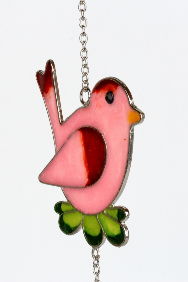 Dekorácia na záhradu záves vtáčik s kvetinou Tiffany ružová 21cm