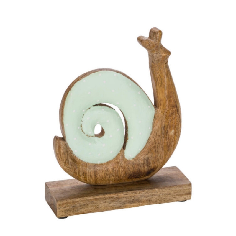 Dekorace šnek stojící mätový 22 x 20 x 2,5 cm dřevo
