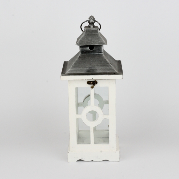 Drevená biela lucerna s kovovou strieškou 37cm