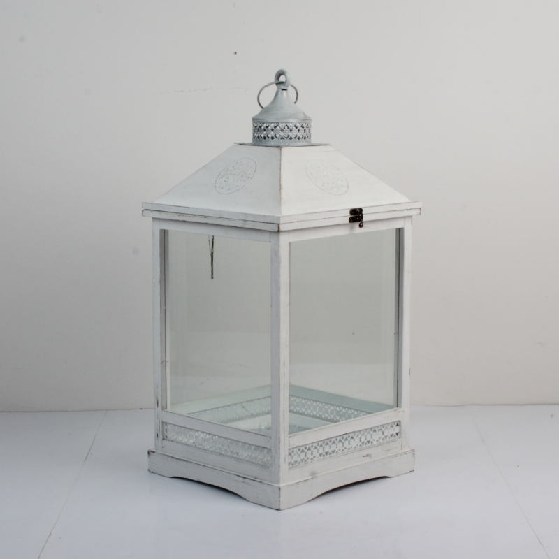 Drevená biela lampáš s patinou 65cm