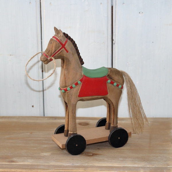 Drevená dekorácia koník na kolieskach 25cm