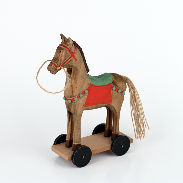 Drevená dekorácia koník na kolieskach 25cm