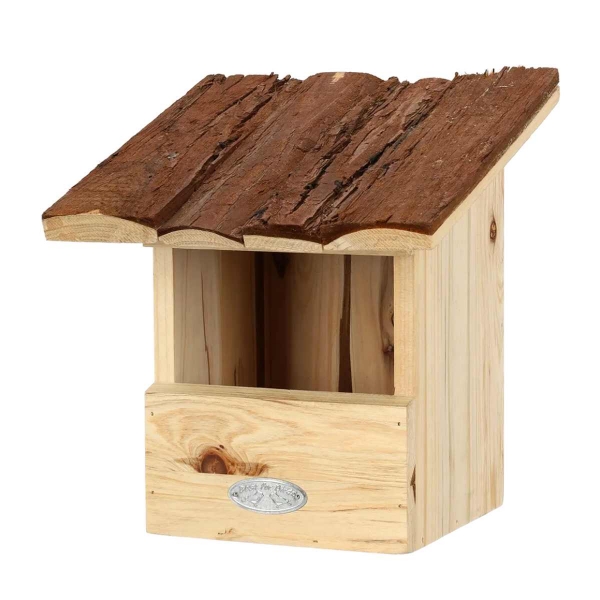 Drevená hniezdna búdka pre červienky s kôrovou strechou 24,3 cm