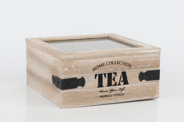 Drevená krabička na čaj s kovaním 18x18x9cm