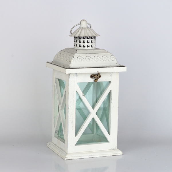 Drevená lucerna biela s kovovou strieškou 15,5x15,5x35,5cm