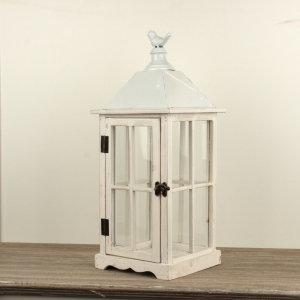 Drevená lucerna biela s vtáčikom 48cm