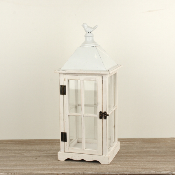 Drevená lucerna biela s vtáčikom 48cm