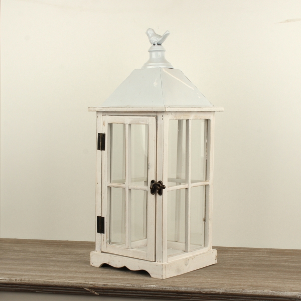 Drevená lucerna biela s vtáčikom 48cm