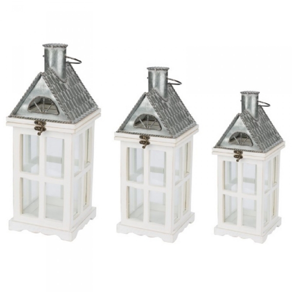Drevená lucerna biely domček 63cm 