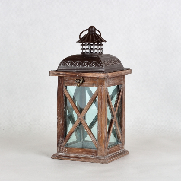 Drevená lucerna hnedá s kovovou strieškou 15,5x15,5x35,5cm