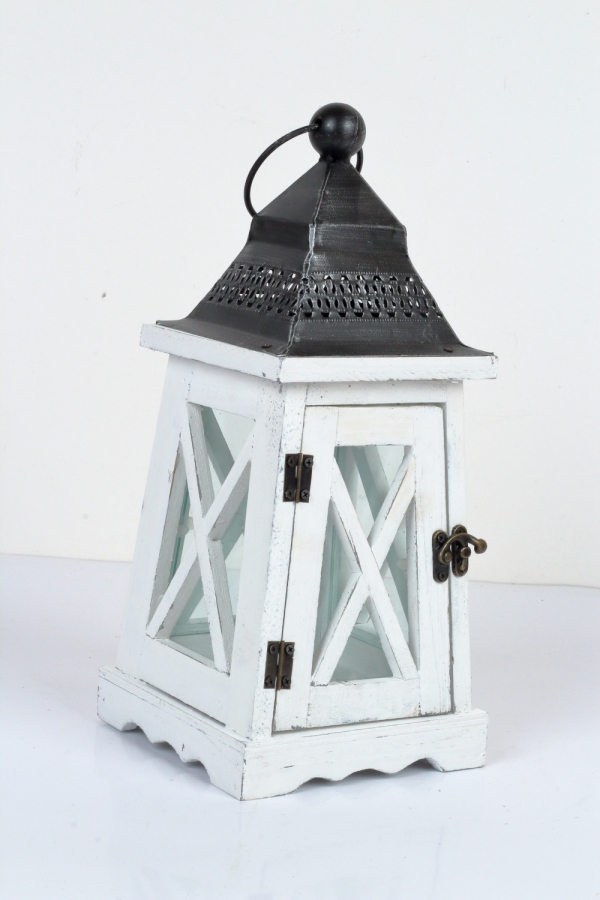 Drevená lucerna kónická biela 37cm