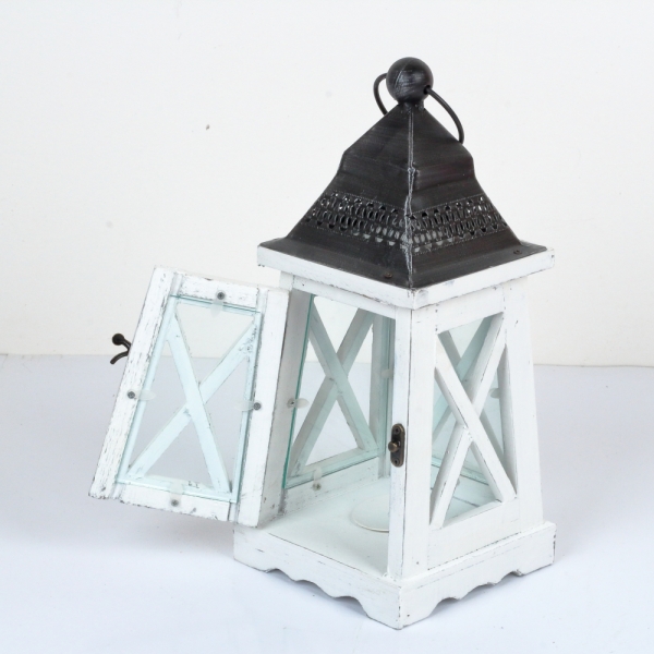 Drevená lucerna kónická biela 37cm