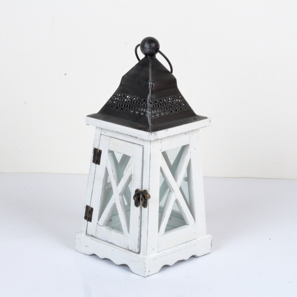 Drevená lucerna kónická biela 37cm