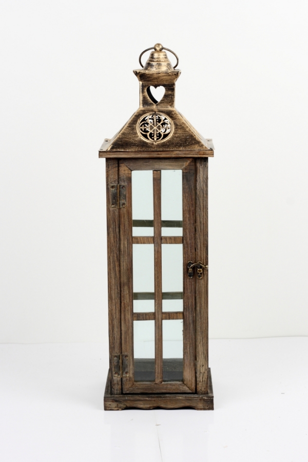 Drevená lucerna  s kovovou zlatou strechou 60cm