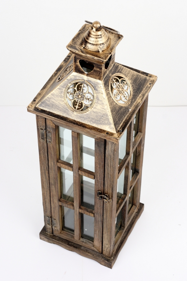 Drevená lucerna  s kovovou zlatou strechou 60cm