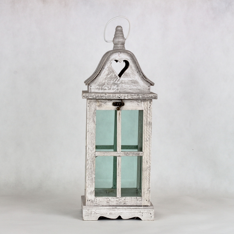 Drevená lampáš so srdcom šedá 17x17x45cm