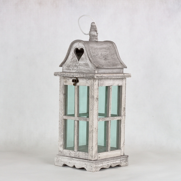 Drevená lampáš so srdcom šedá 17x17x45cm