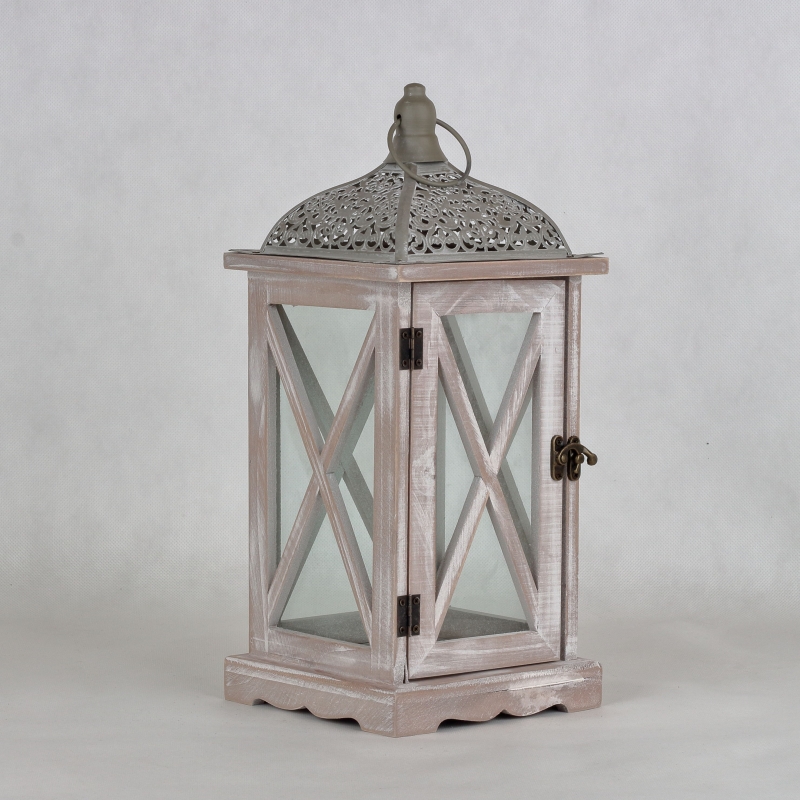 Drevená lucerna bielošedá s patinou 16,5x16,5x38cm